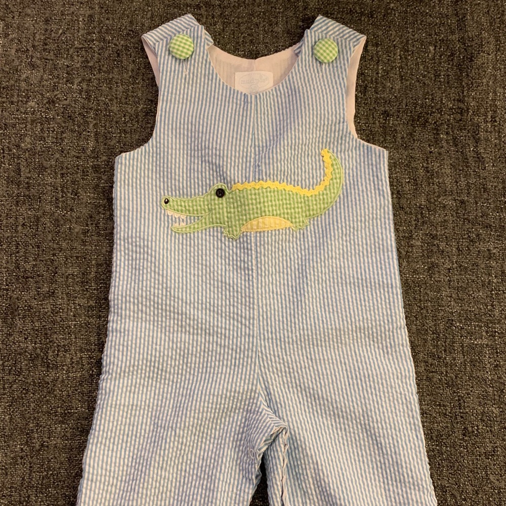 Mudpie Alligator Seersucker Overalls 12-18 Months